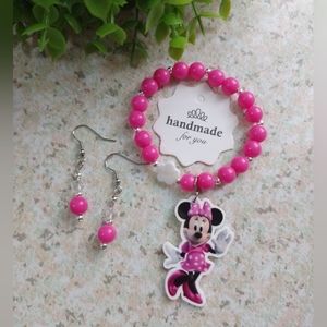 Minnie Mouse Handmade Set of Earrings and Bracelet Pink NWT